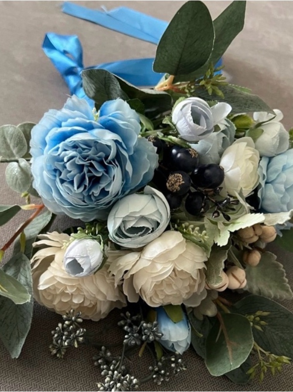 Bridal Bouquet Blue Cream Wedding Faux Flower Bouquet Custom Florals Final Sale